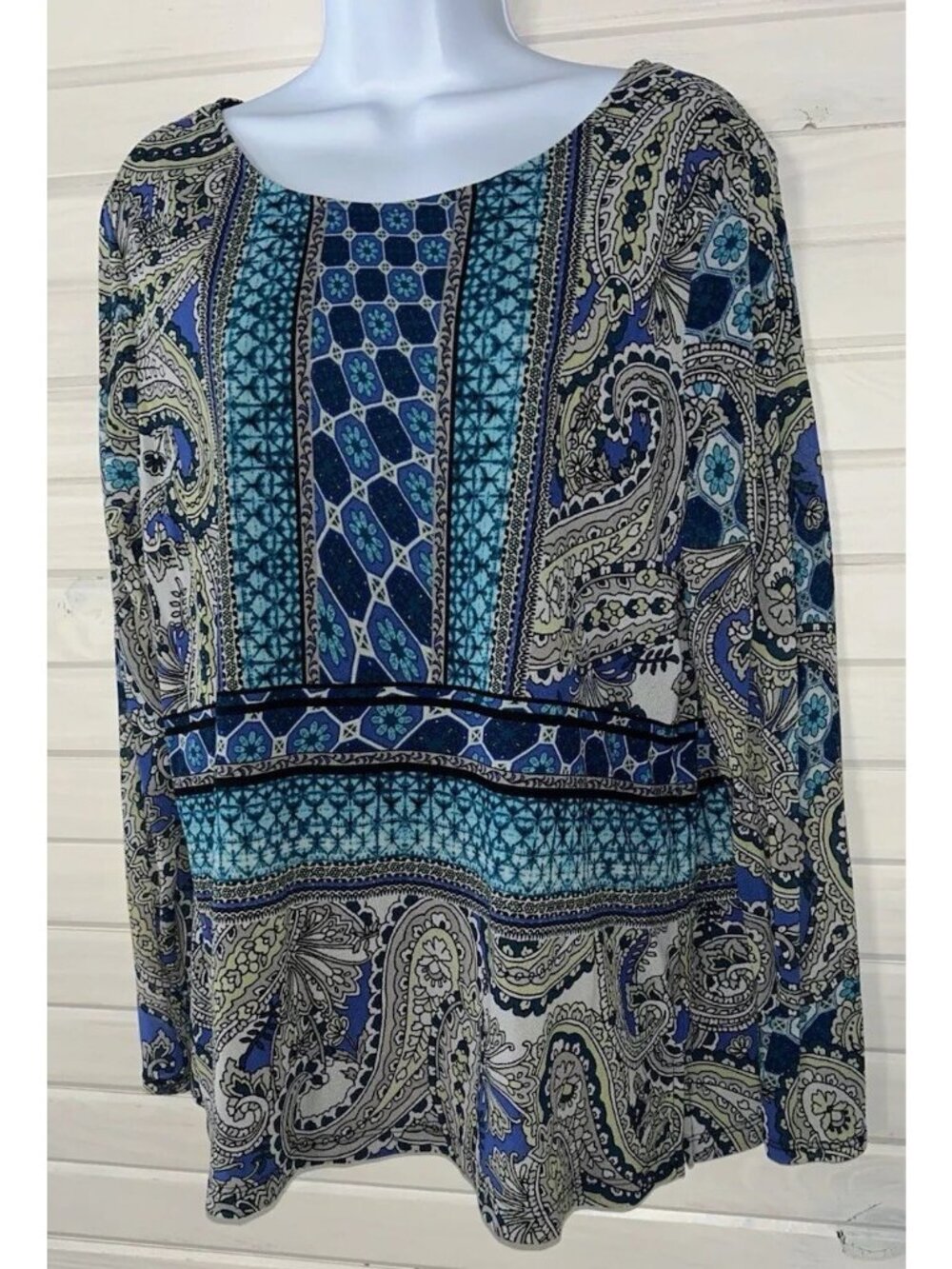 Chicos Sz 3 (XL) Blue Eclectic Paisley Mesh Top Tunic Nylon L/S Lined EUC